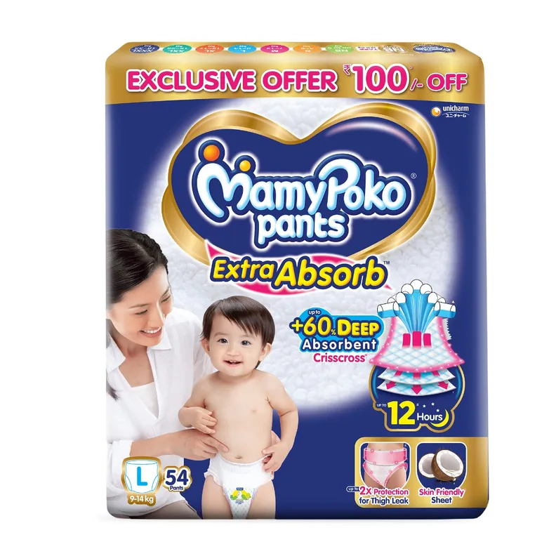 MamyPoko Pants Extra Absorb Baby Diapers – Large (L), 9–14 kg, 54 Pants
